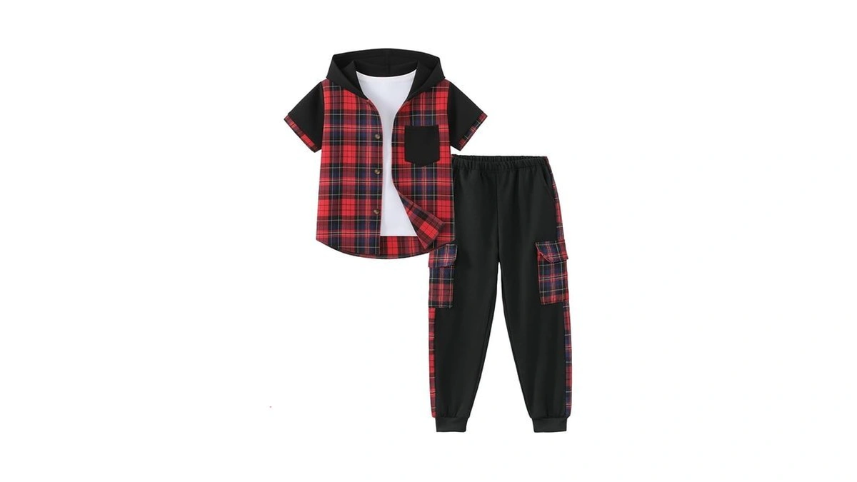 Auiopila Kids Boy Clothes Plaid Hooded Short-sleeved Shirt Top And