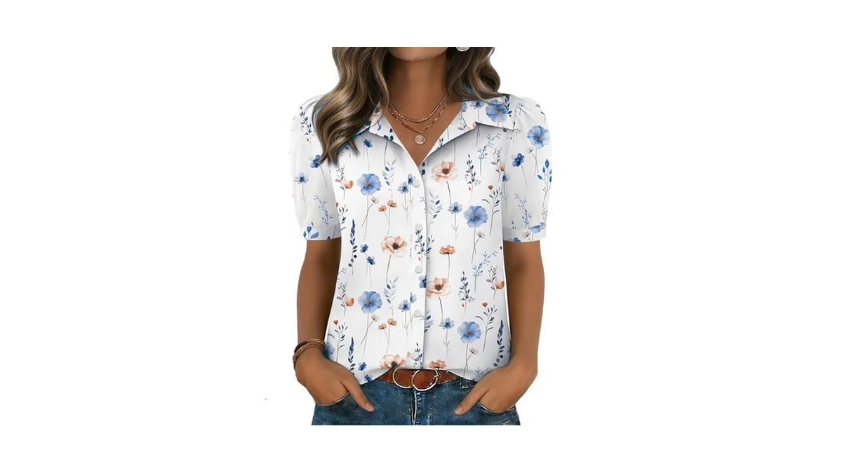 Zeagoo Womens White Button Down Shirt Short Sleeve Flower Pattern