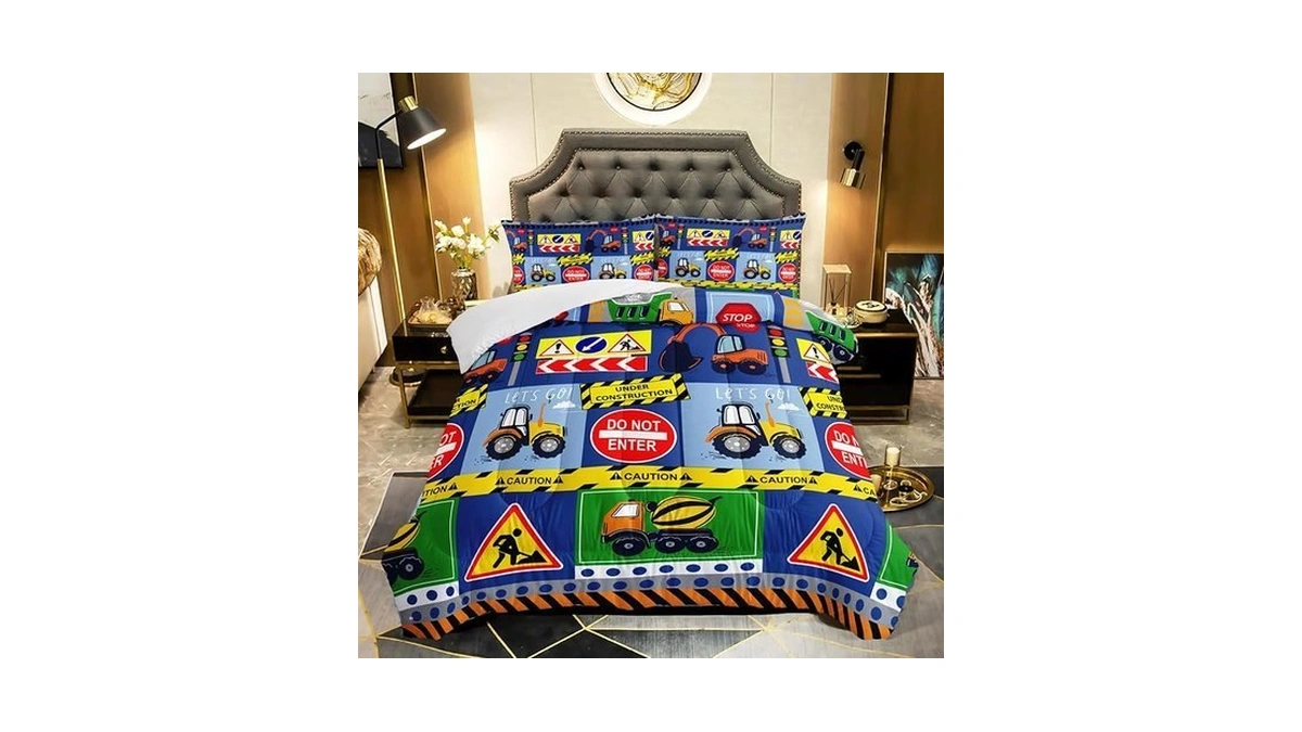 Qoomo 3pcs Construction Comforter Set Full,excavator Bedding Set For Teens
