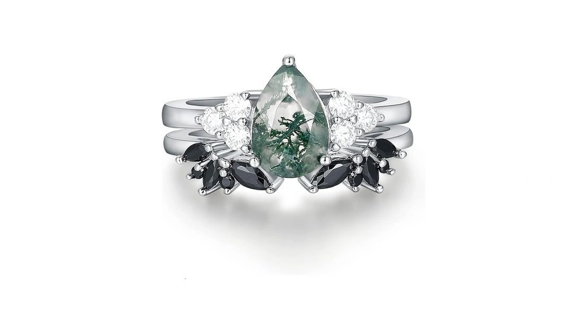 Irroya 6x9mm Natural Pear Cut Moss Agate Bridal Ring Set,cluster