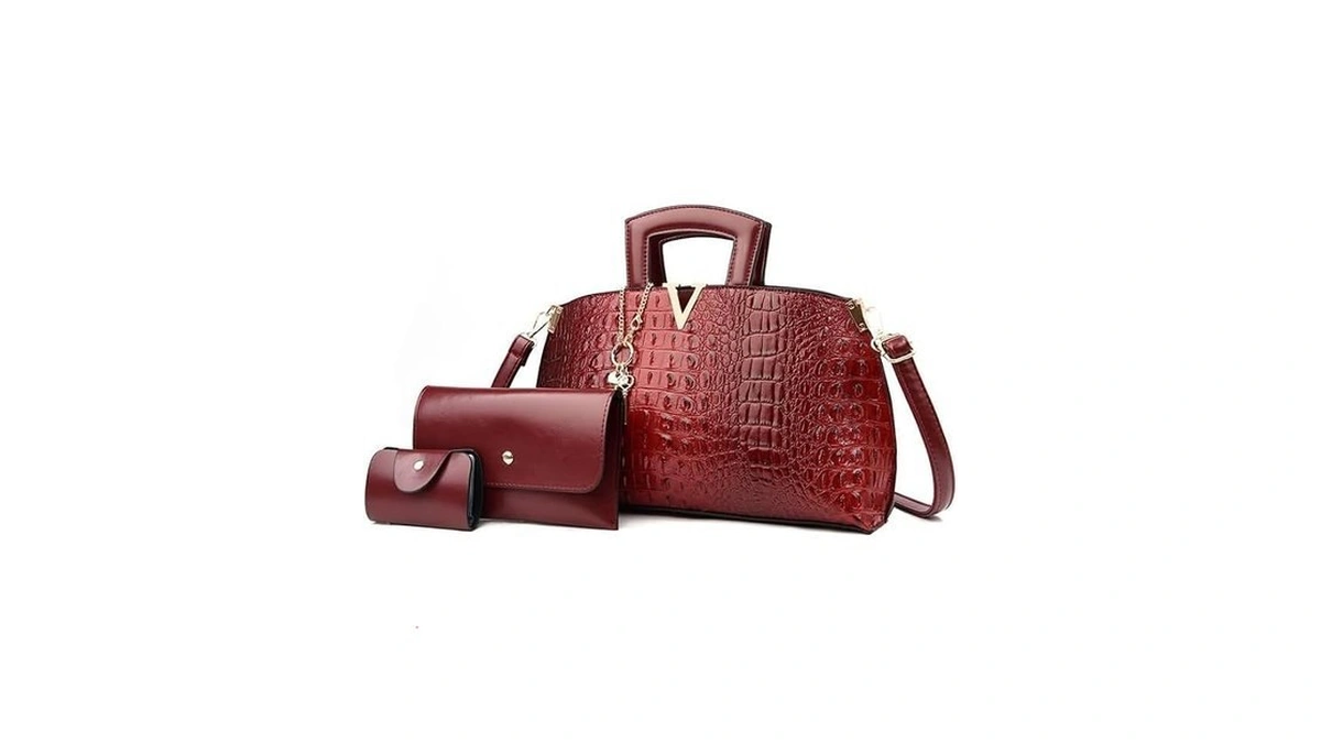Luxury Crocodile Pattern Leather Handbag Set With V Logo, Black,