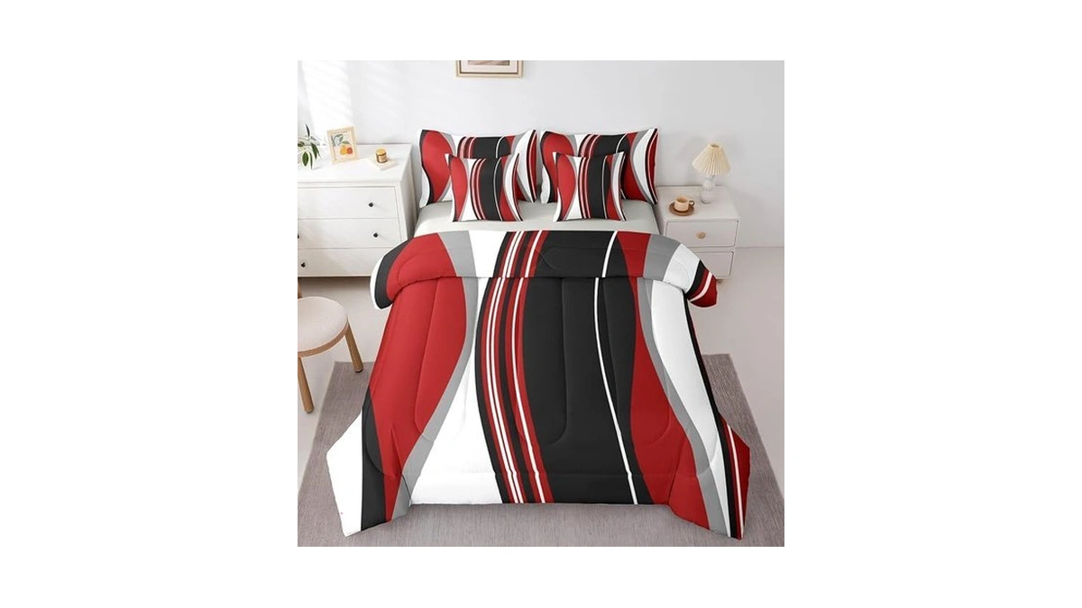 Erosebridal Red And Black Striped 7-piece Bedding Set Full Grey