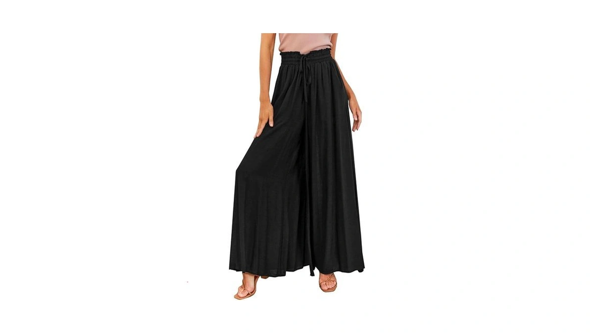 Guolezeev Womens Beach Pants Elastic Drawstring Wide Leg Pants With