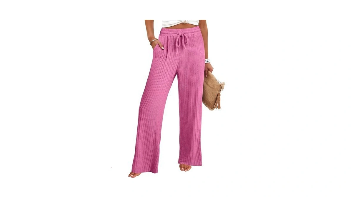 Anrabess Women Ribbed Knit Pajama Pants With Pockets, Hot Pink,