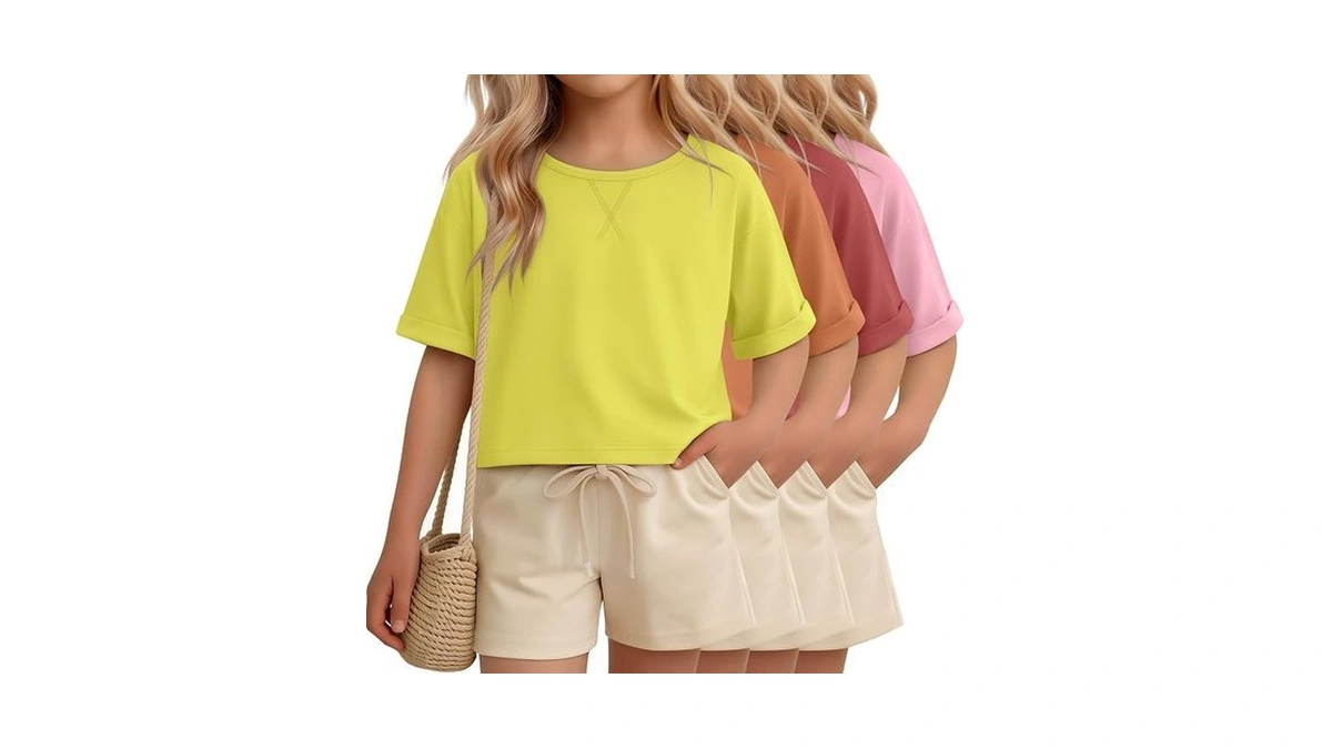 Oakgarden 4 Pack Girls Crop Shirts Summer Short Sleeve Tops