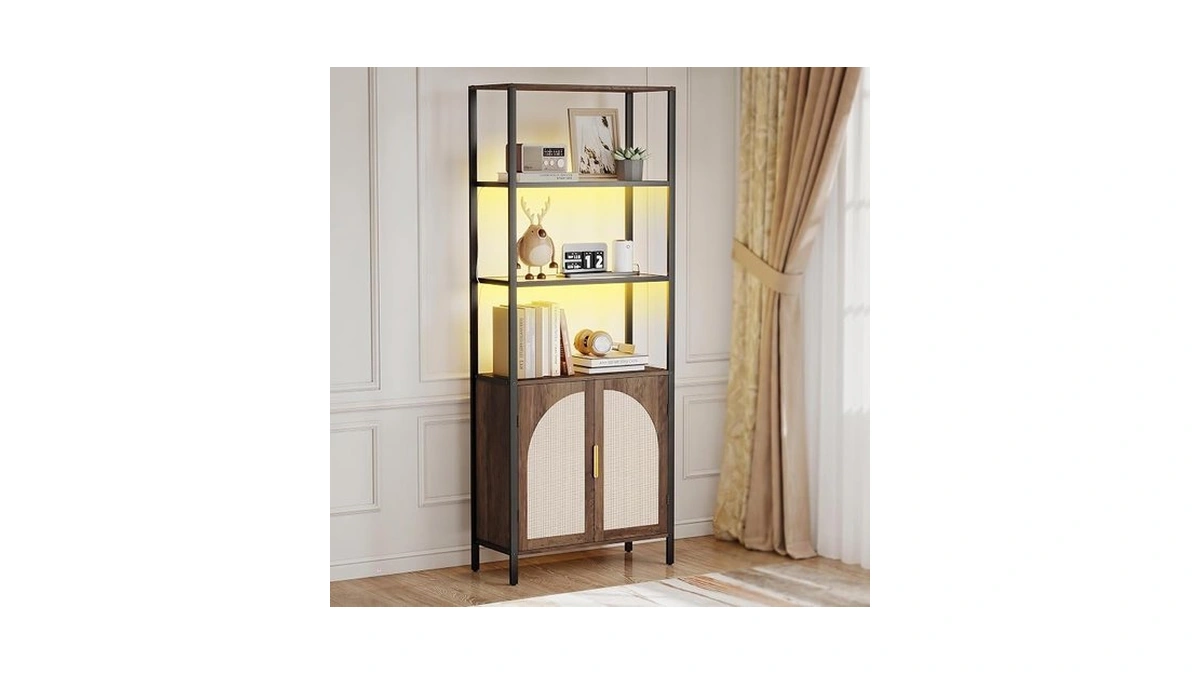 Turosur Rattan Bookshelf With Storage, Boho Bookcase With Wicker Doors,