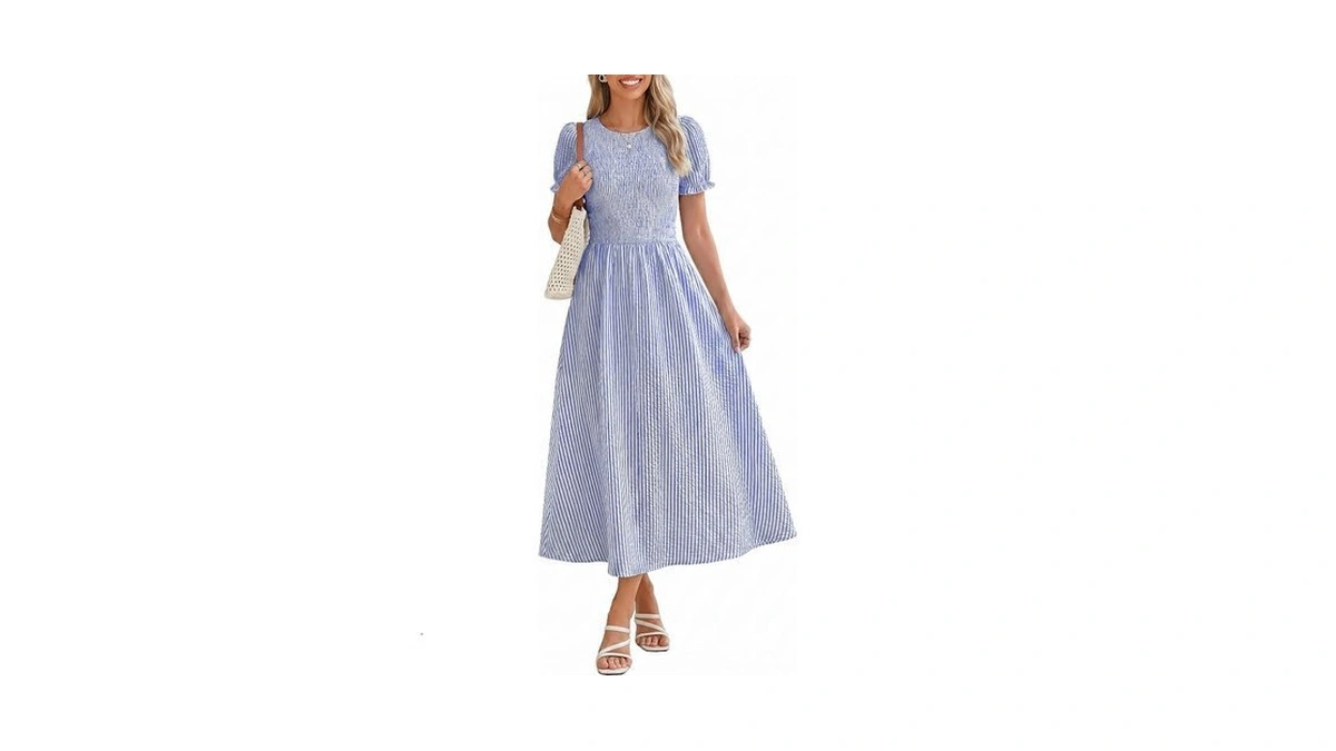 Simplee Womens Summer Boho Beach Dress With Pockets Smocked Puff