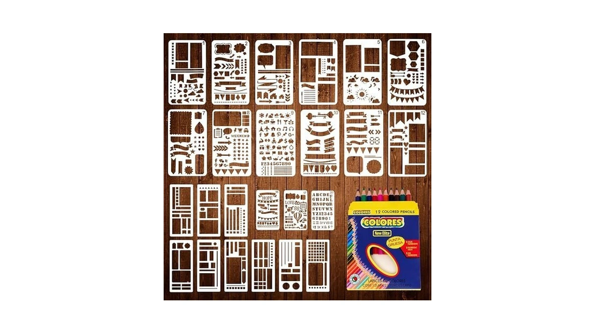 24-piece Journal Stencils, Planner Stencils Templates With Colored Pencils, Rulers,