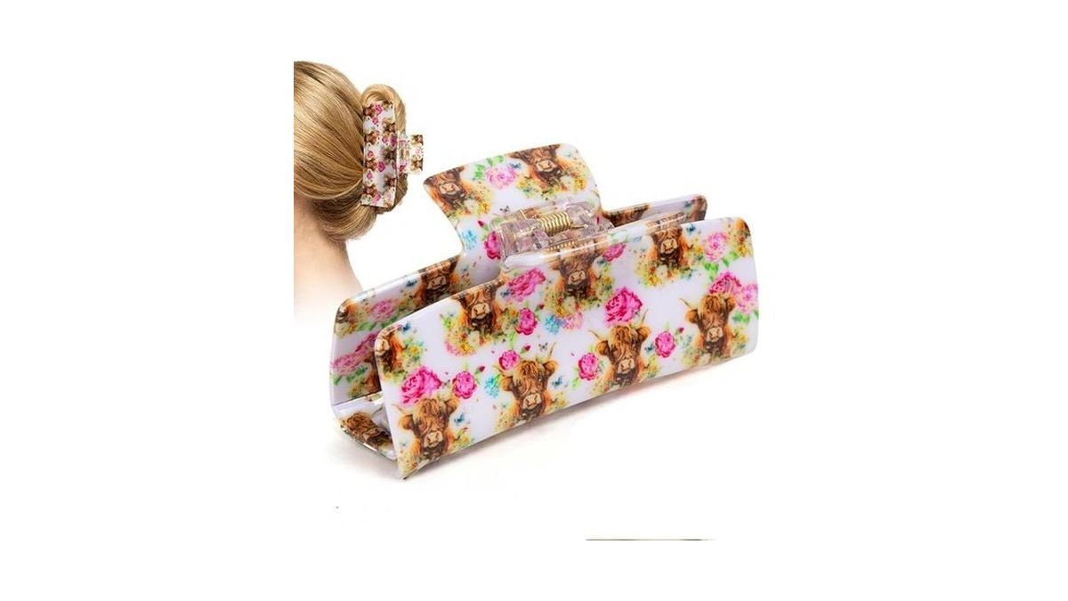 Medium Hair Claw Clip For Women, Highland Cow Floral Print