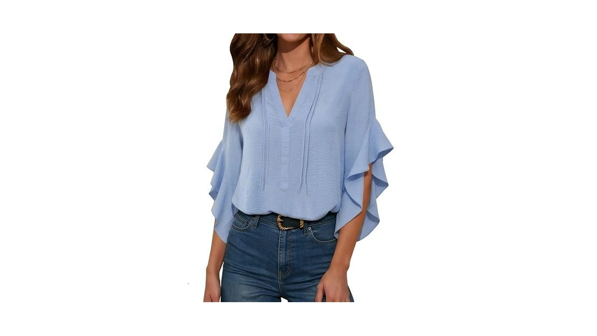 Aimcoo Womens Dressy Casual Blouse 3/4 Sleeve V Neck Ruffle