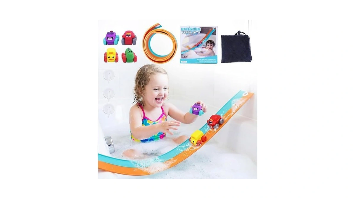 Resosese Race Car Bath Toys Set, 8-piece Extra Long Flexible