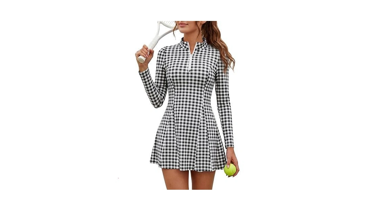 Fisoew Womens Tennis Golf Mini Dresses With Shorts Long Sleeve