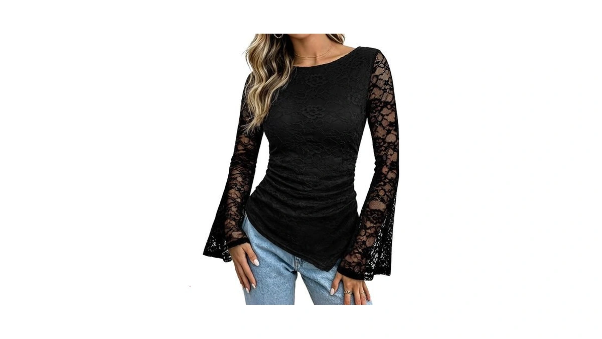 Grace Karin Womens Lace Long Sleeve Top Ruched Asymmetrical,black Peony,s