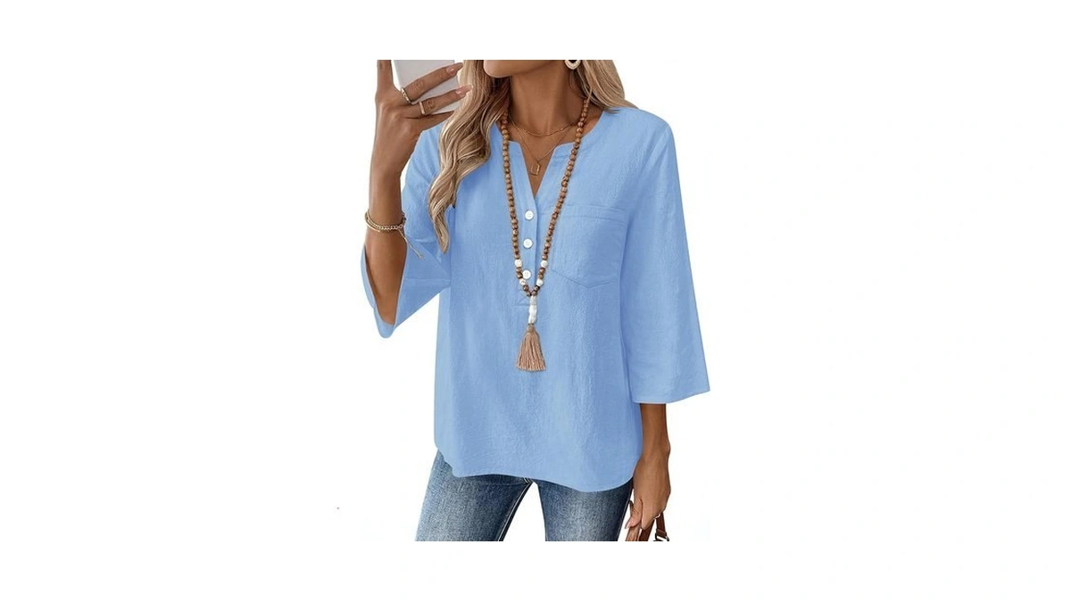 Lomon Half Sleeve Linen Shirts For Women V Neck Cotton