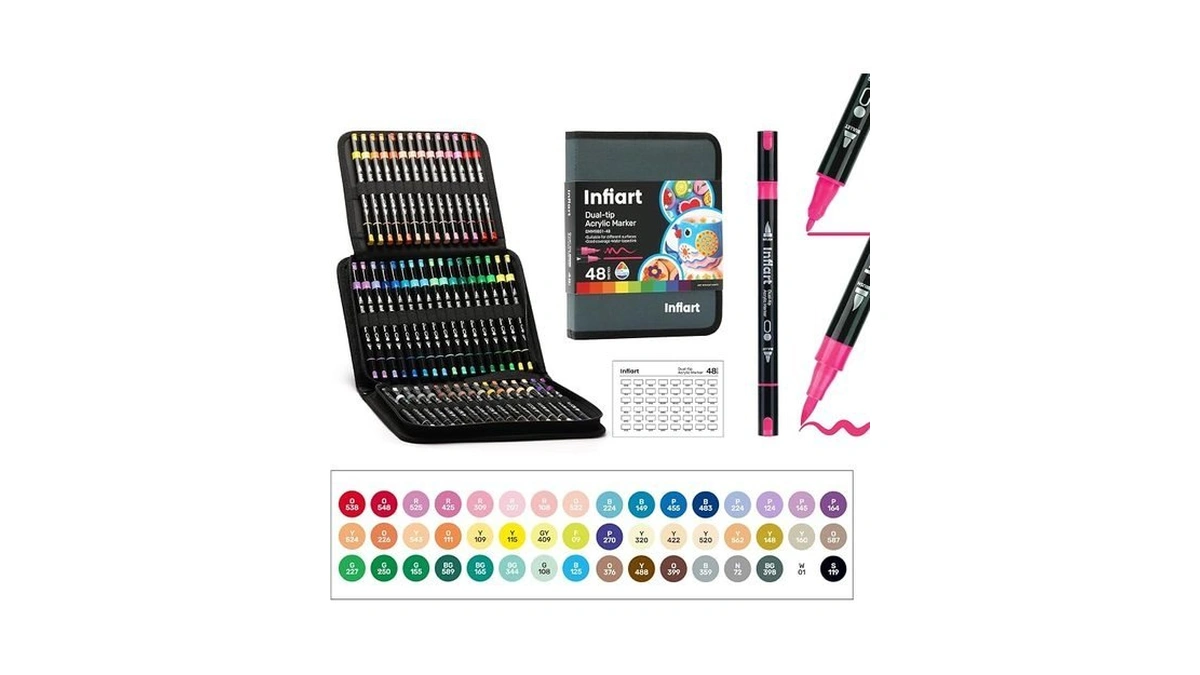 Infiart Dual-tip Acrylic Paint Markers, 48 Colors Acrylic Paint Pens,