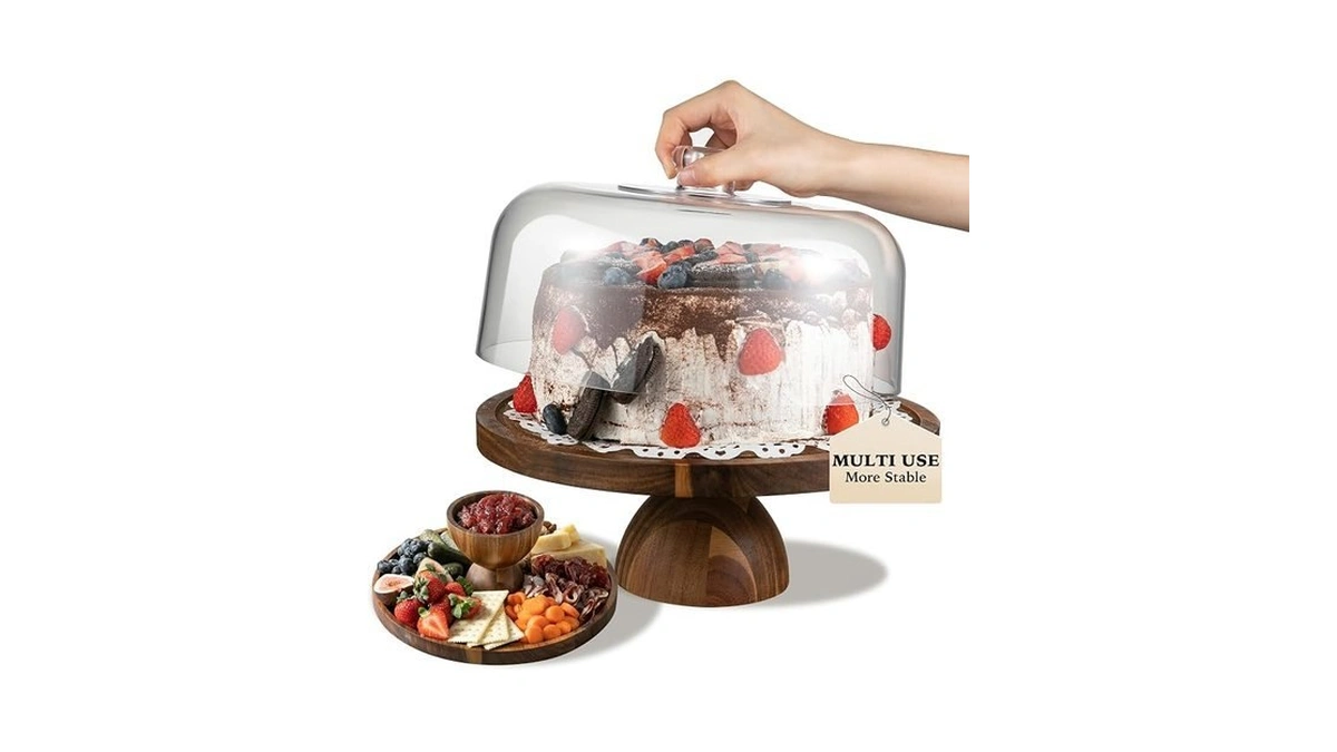 Fyctio Cake Stand With Lid, 2 In 1 Acacia Wood