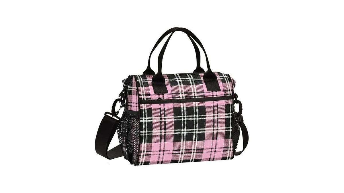Boenle Pink Black Tartan Plaid Valentines Lunch Bag Insulated Cooler