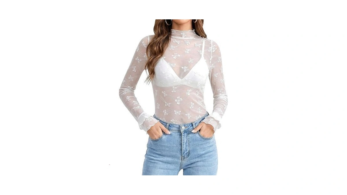 Zhouboat Y2k Mesh Top Long Sleeve White Lace Floral Sheer