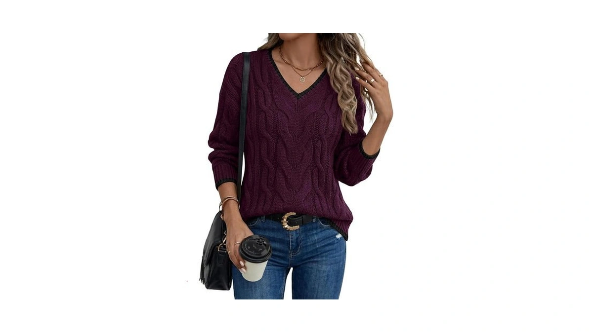 Womens Sweaters Oversized Color Block Long Sleeve V Neck 2025