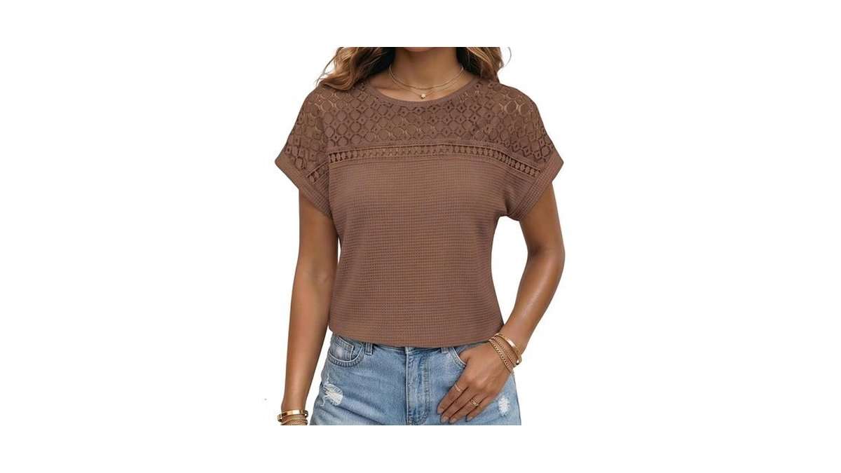 Niloine Waffle Knit Tops For Women Short Sleeve Hollow Out