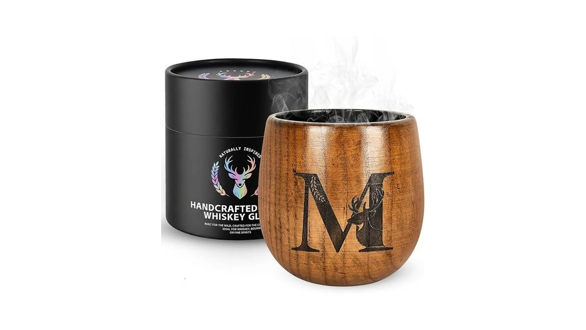 Vexoox Charred Wooden Whiskey Glass, Personalized Letter Bourbon Drinking Glass