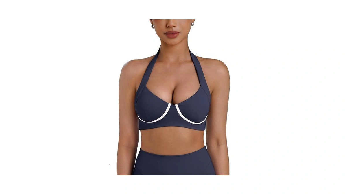 Sunzel Halter Sports Bra For Women Contrast Trim V Neck