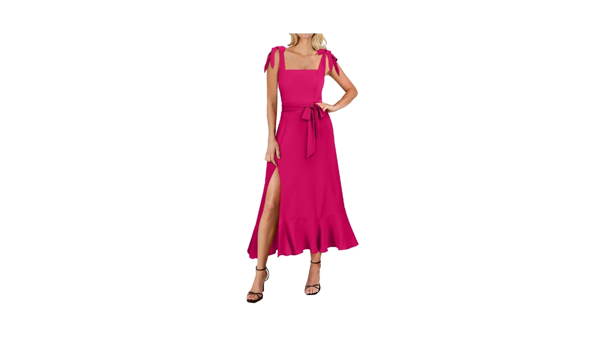 Anrabess Women's Square Neck Ruffle Split Midi Elegant Formal Wedding