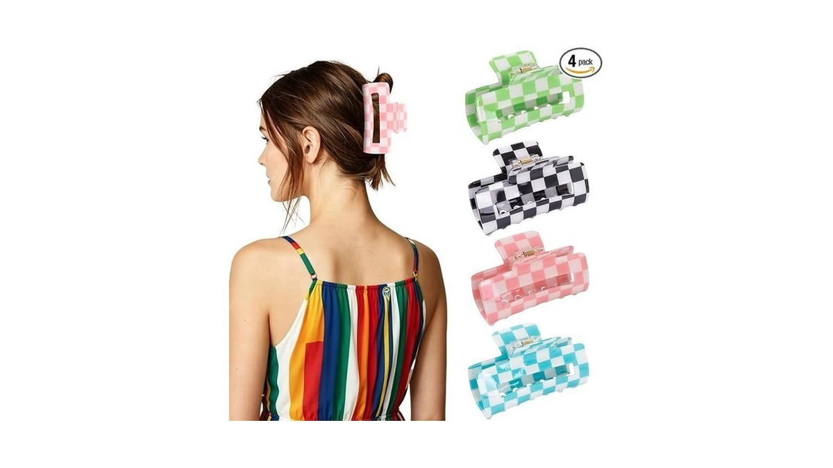 4 Pack Checkerboard Hair Claw Clips, Joeysisi Glossy Pvc Medium