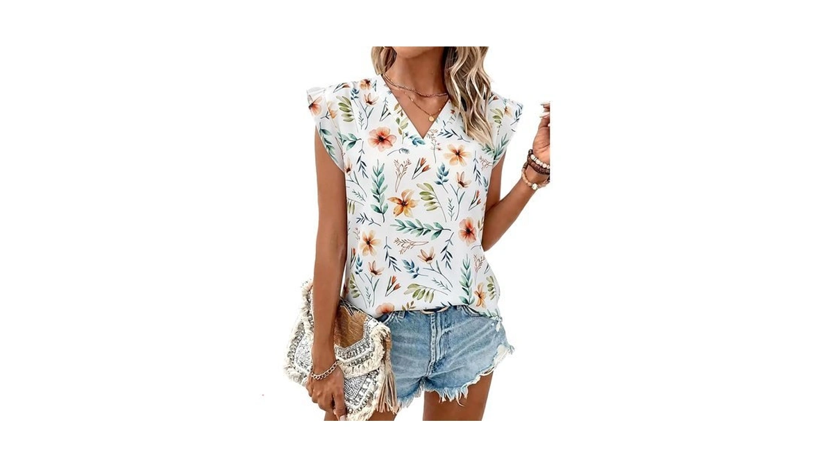 Ieeilulu Flutter Sleeve Tops For Women Casual V Neck Floral