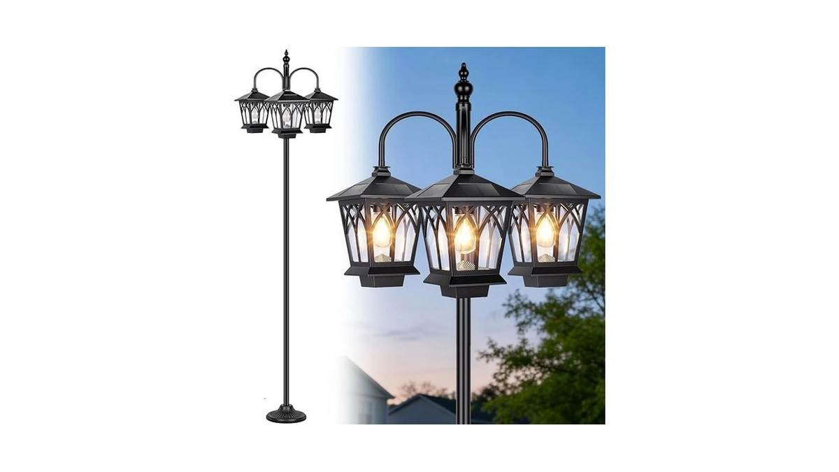 Towponics 6ft Aluminum Solar Lamp Post Light Outdoor Waterproof, 3-head
