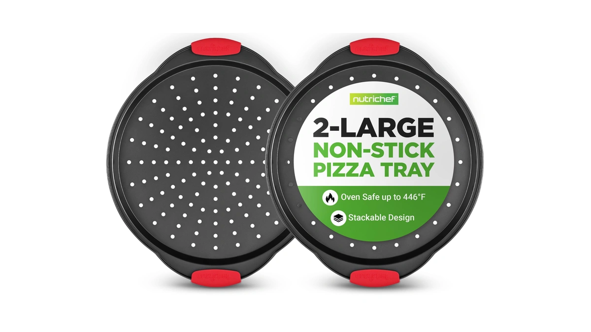 Nutrichef 2-piece 13-inch Nonstick Pizza Tray, Round Carbon Steel Non-stick