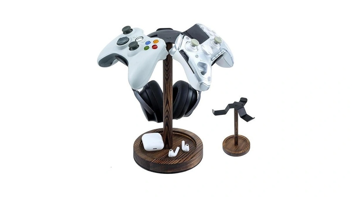 Mygift Industrial Matte Black Metal Headphone Stand With Burnt Wood