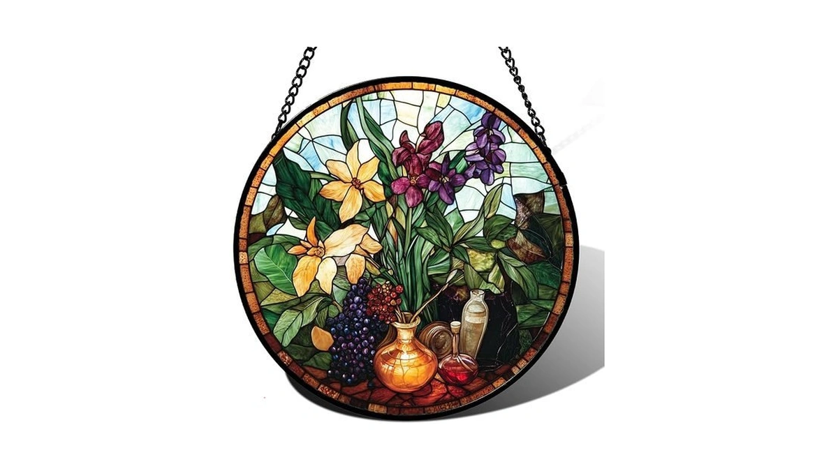 Qzqcblc Stained Glass Window Hanging Berry Plant Purple Yellow Flowers