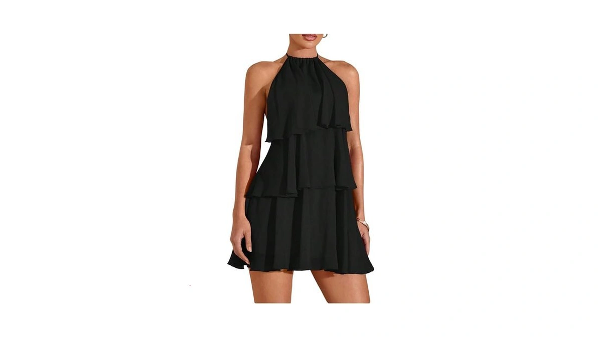 Oyoangle Women's Chiffon Halter Wedding Guest Dresses Layered Ruffle Backless