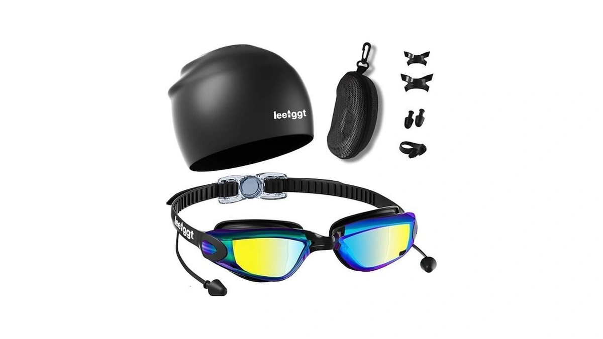 Leeiggt Swim Goggles+swim Cap, No Leak Anti-fog & Uv, Swimming