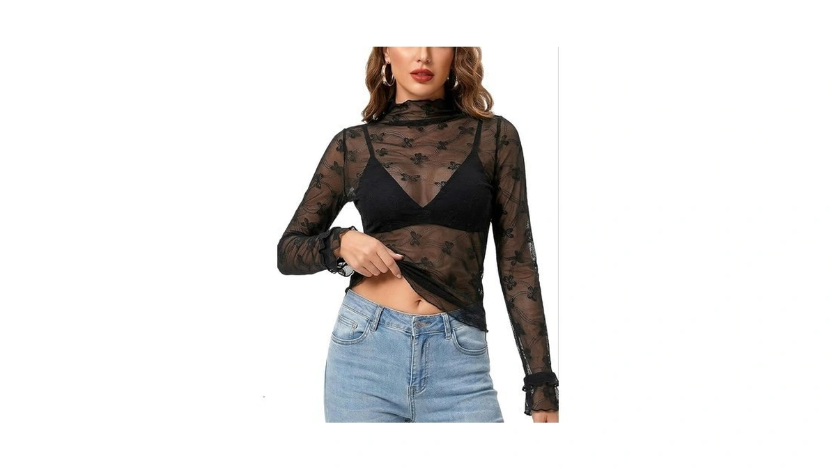 Zhouboat Women's Mesh Black Lace Tops Long Sleeve Mock Neck