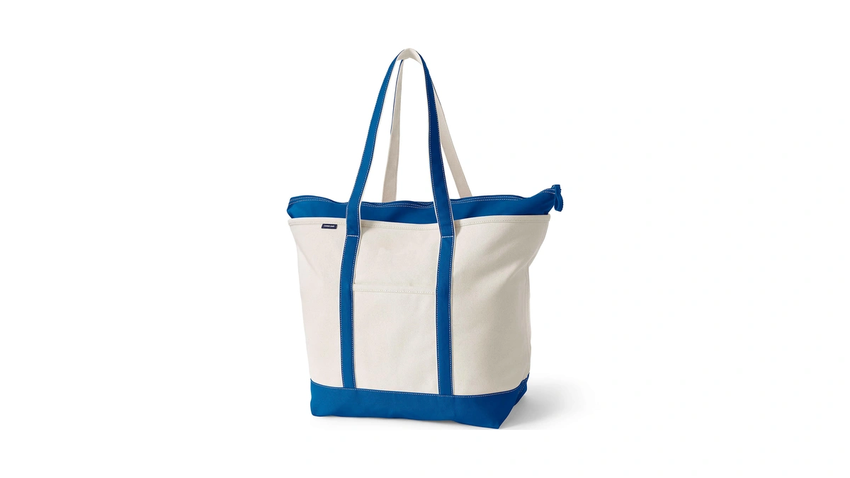 Lands' End Natural Zip Top Canvas Tote Bag Natural/beacon Blue