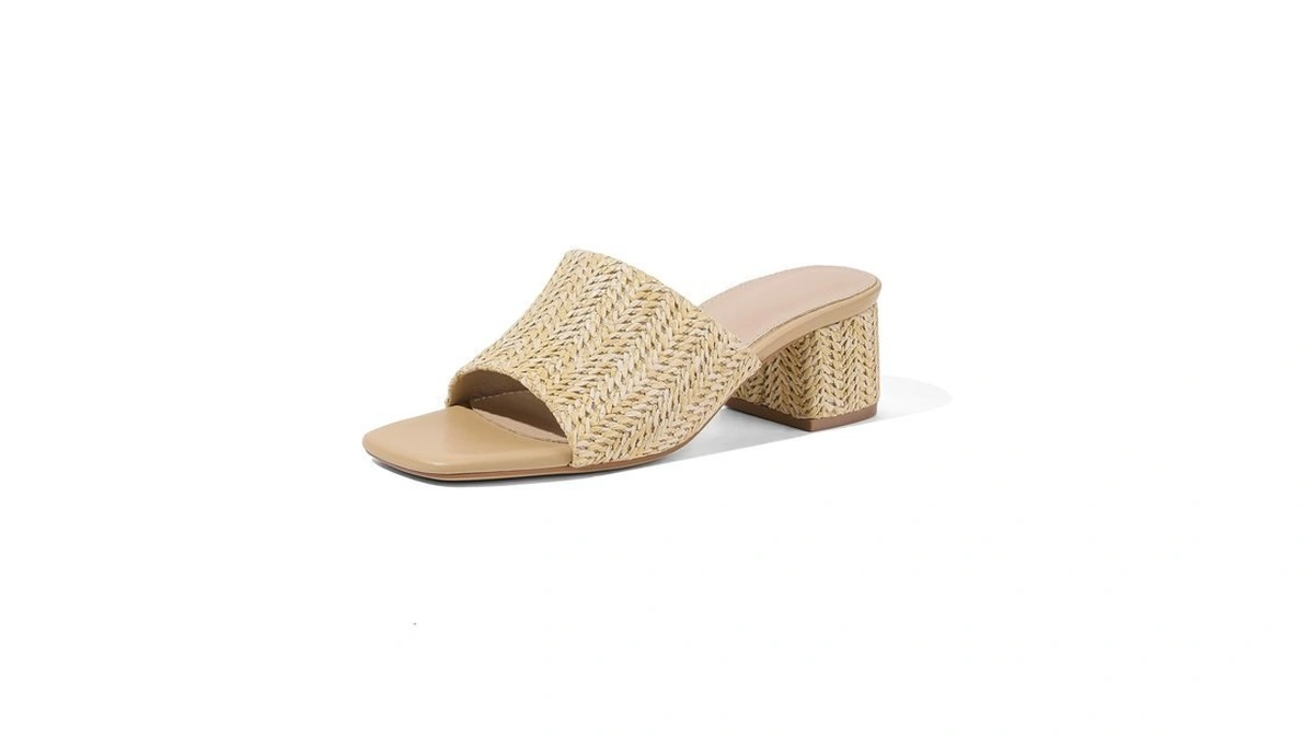 Meilusi Raffia Heeled Sandals For Women Chunky Block Heeled Mules