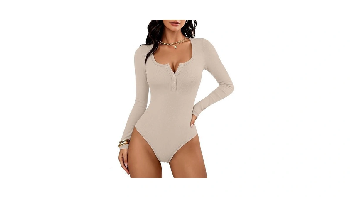 Anrabess Women's Scoop Neck Long Sleeve Bodysuit Beige Small