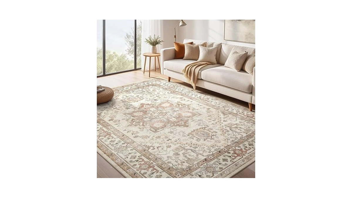 Washable Rug 6x9 Area Rugs: Boho Vintage Distressed Oriental Medallion