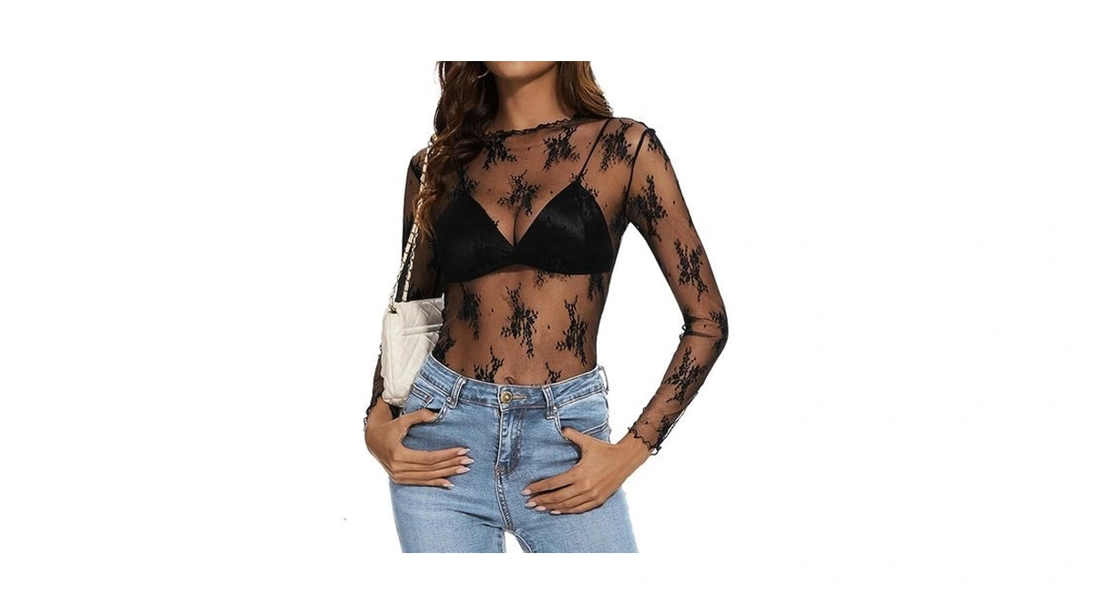 Etosell Womens Lace Mesh Long Sleeve Tops Floral Sheer See
