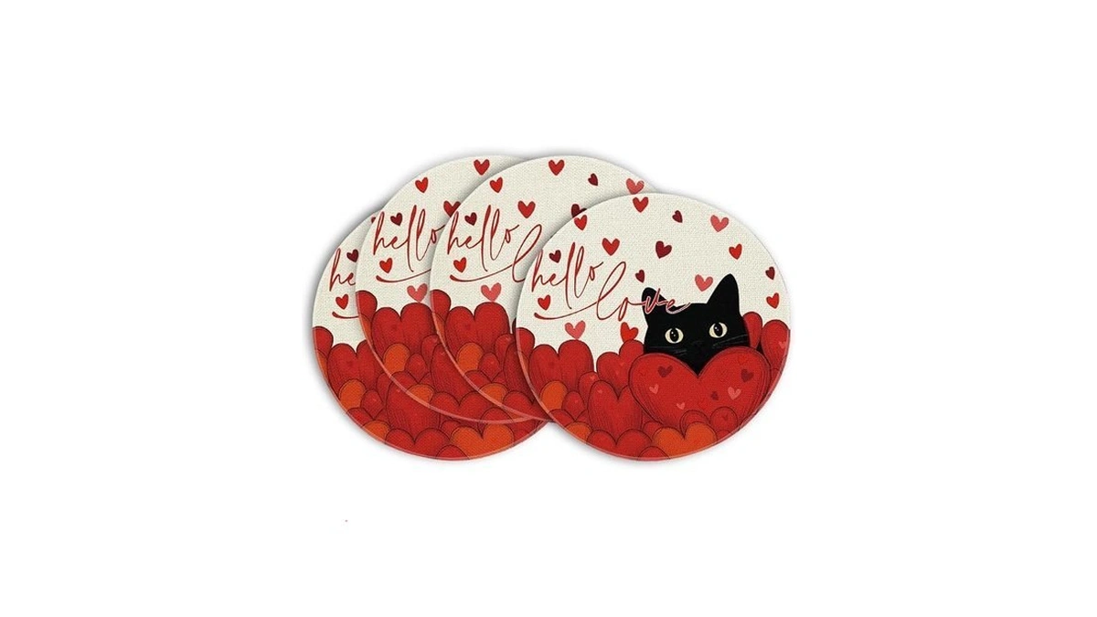 Artoid Mode Sweet Heart Cat Hello Valentine Round Placemats Set