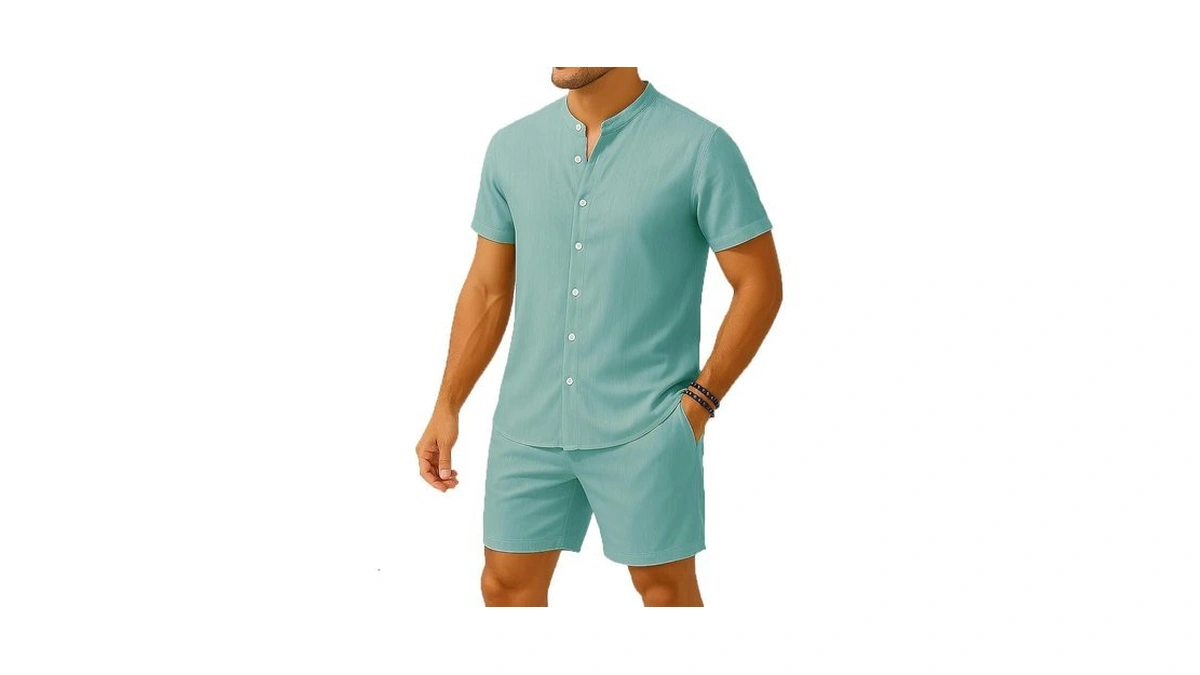 Coofenrisy Men's Casual Stand Collar Button Shirt And Shorts Set