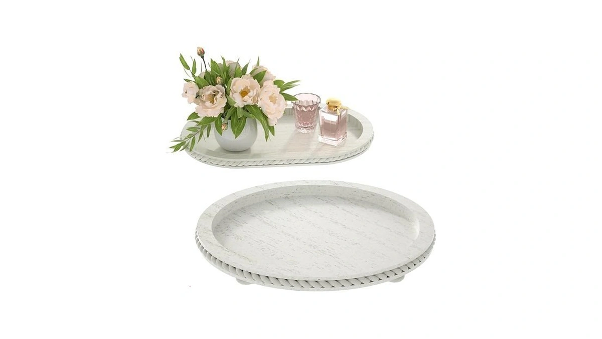 Urban Deco Wooden Tiered Tray, Oval And Round Tray Set