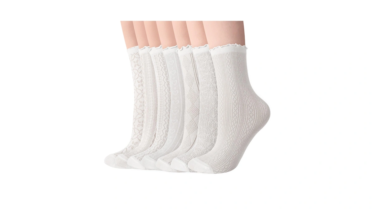 Scenicamp 7 Pairs Ruffle Socks Summer Mesh Lace Cotton Mid-length