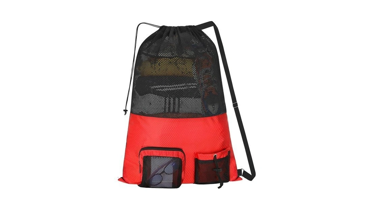 Natural Style Mesh Drawstring Gym Swim Beach Bag, Large Waterproof
