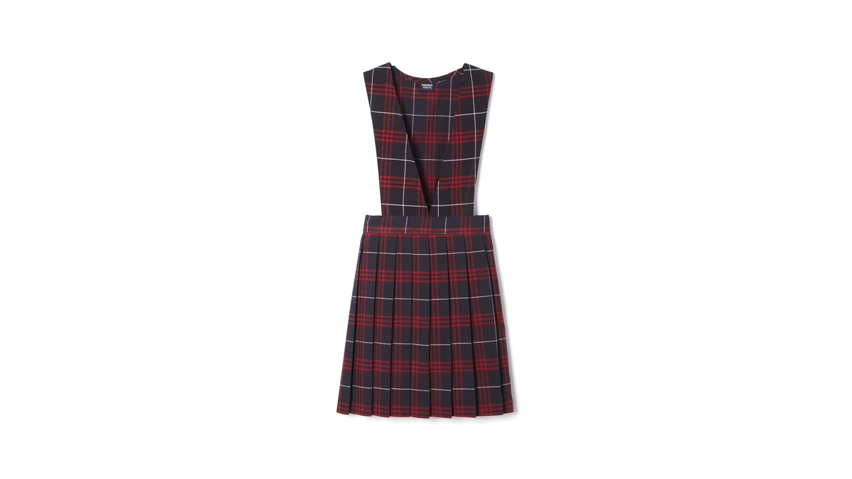 French Toast Girls' Plaid V-neck Pleated Jumper, Navy & Red
