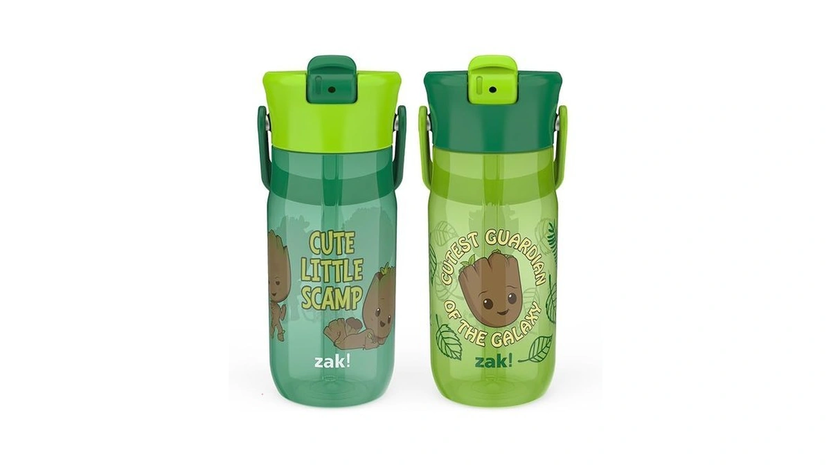 Zak Designs Marvel Groot 18oz Water Bottle, Leak-proof, Recycled, 2-pack