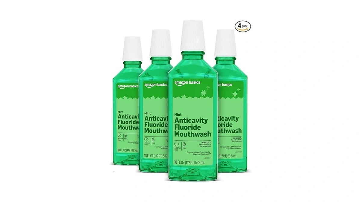 Amazon Basics Anticavity Fluoride Rinse, Alcohol-free, Mint, 18 Ounce (pack