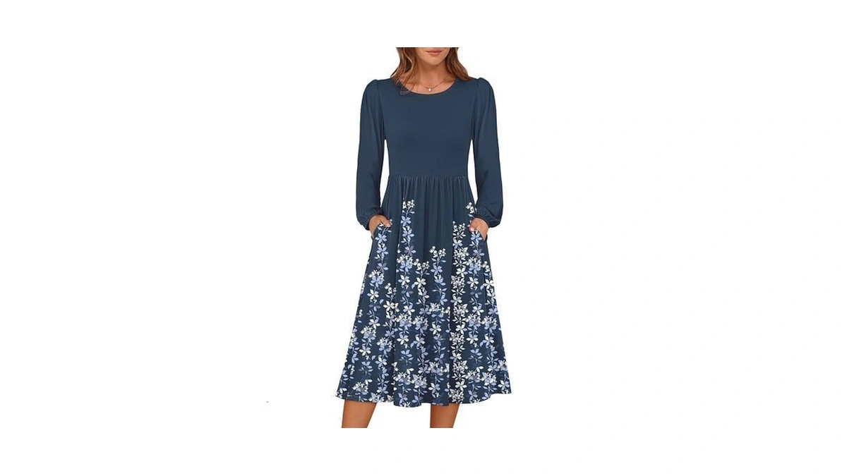 Anrabess Women Long Sleeve Casual Midi Dress, Navy Blue Floral